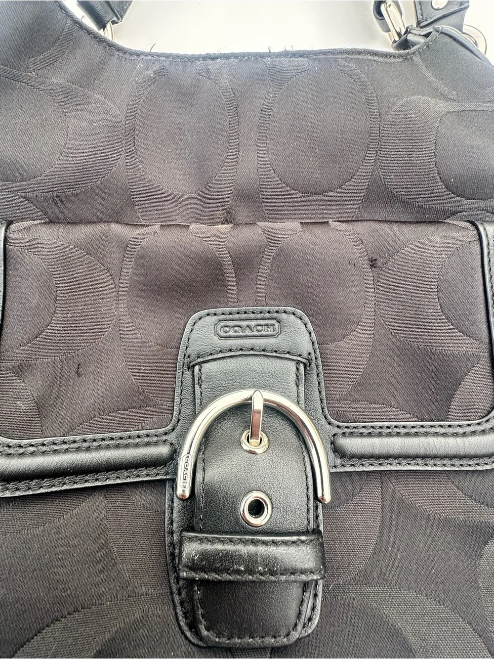 Coach Black Signature Canvas Shoulder Tote with Front Buckle Pocket